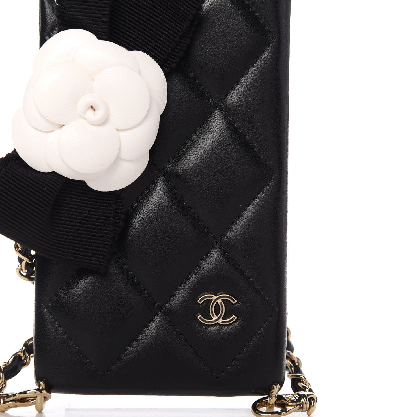 Lambskin Quilted Camellia Bow iPhone XII Pro Holder With Chain Black