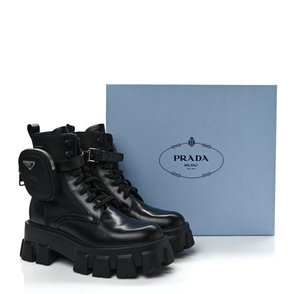 Prada Spazzolato Rois Nylon Metal Triangle Logo Monolith Pouch Pocket 55mm Boots 39 Black 8 of 8