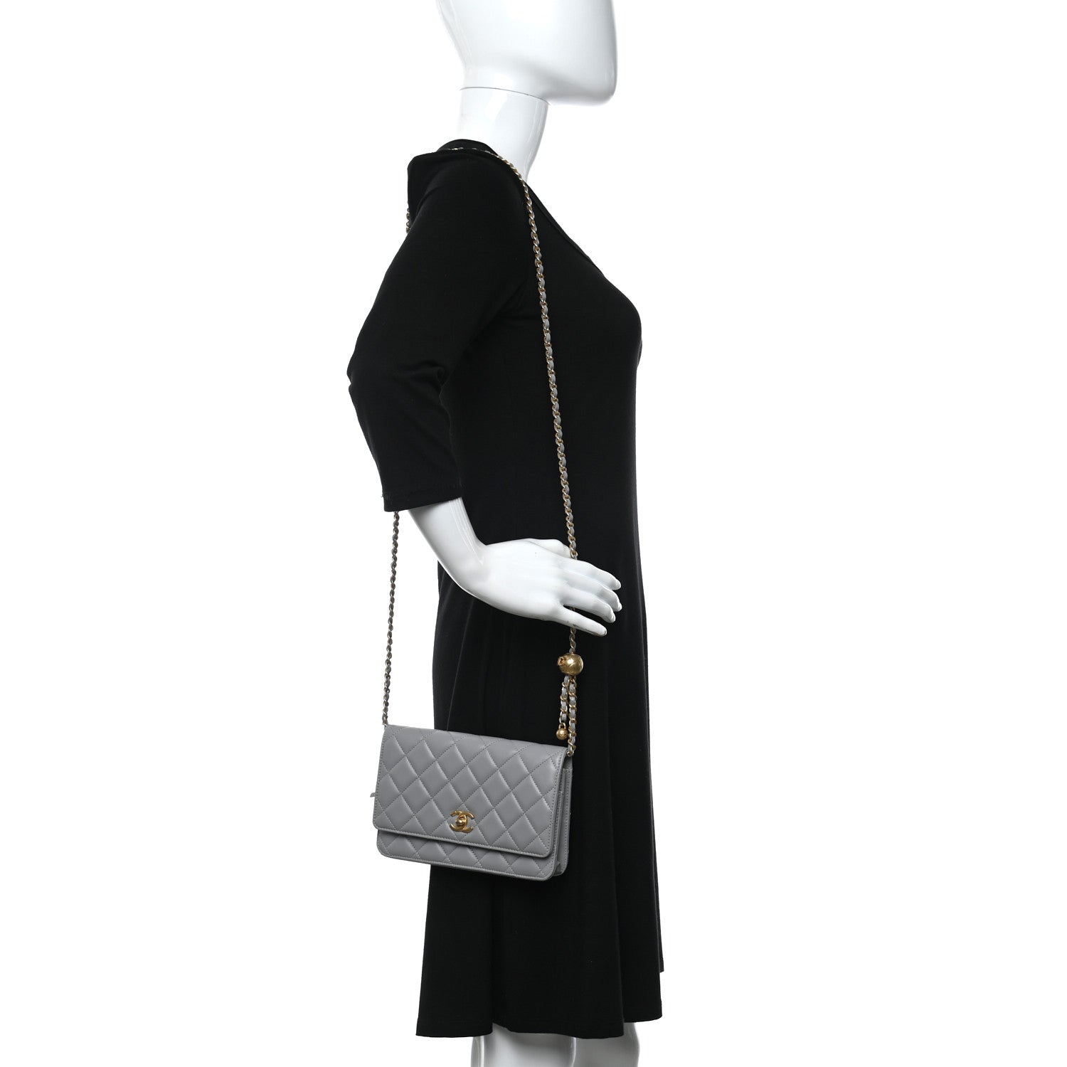 Chanel Lambskin Quilted CC Pearl Crush Wallet on Chain WOC Grey 3 of 11