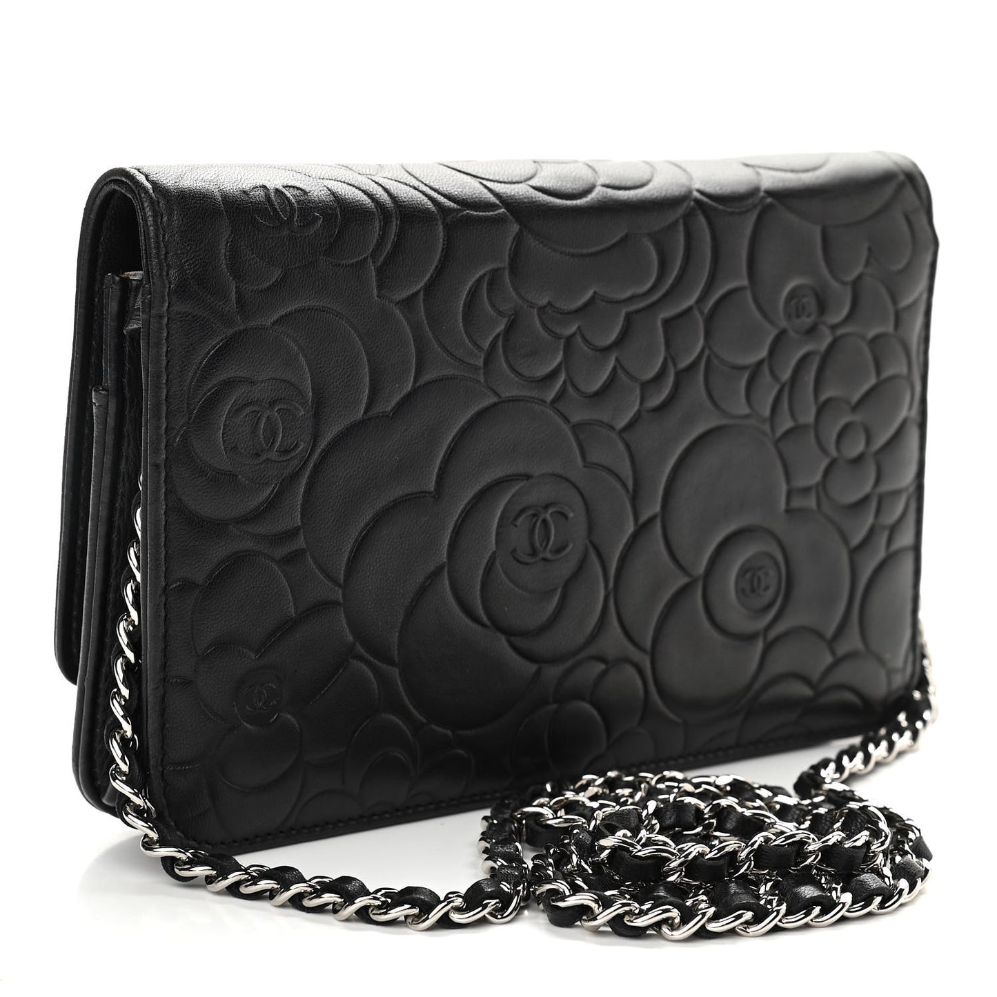 Lambskin Camellia Embossed Wallet on Chain WOC Black
