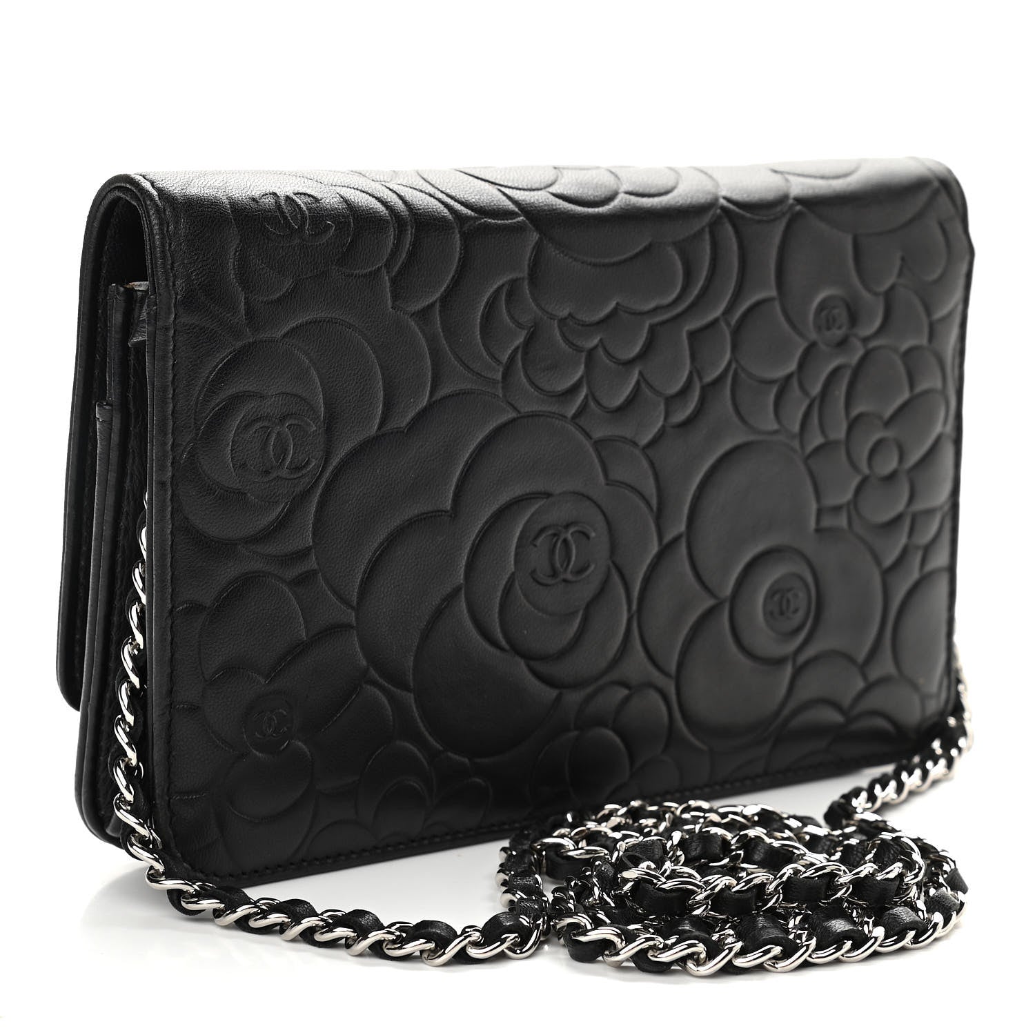 Chanel Lambskin Camellia Embossed Wallet on Chain WOC Black 3 of 11