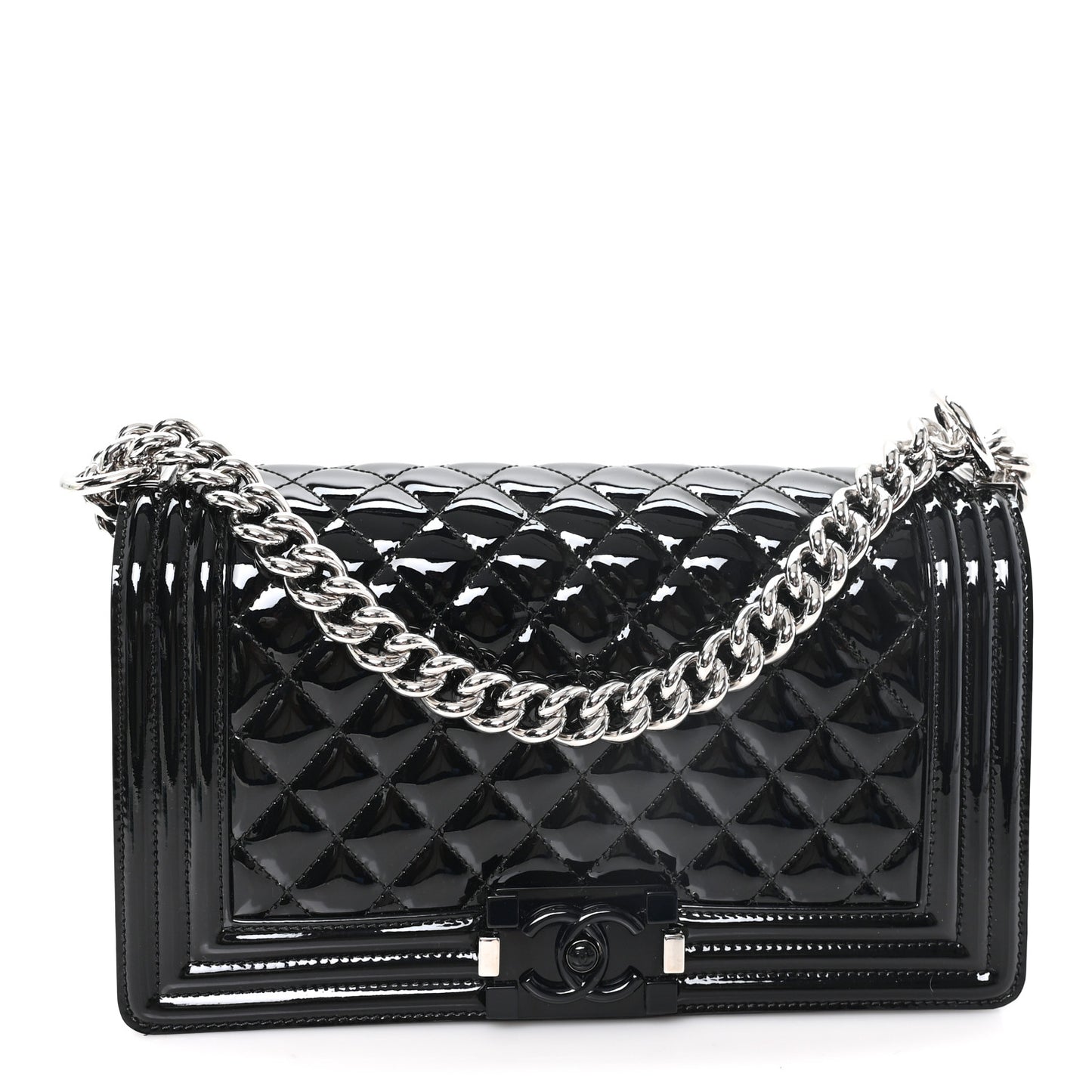 Patent Calfskin Quilted Medium Plexiglass Boy Flap Black