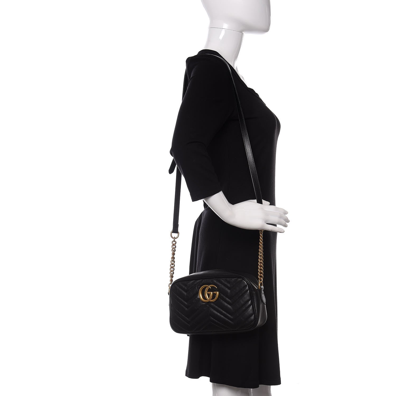 Gucci Calfskin Matelasse Small GG Marmont Chain Shoulder Bag Black 2 of 11