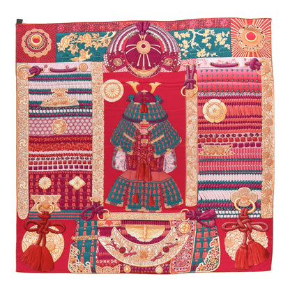 Hermes Cashmere Silk Parures De Samourais Shawl 140 Rose Indien Vert Corail 1 of 4