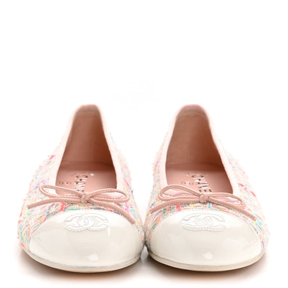 Chanel Cotton Tweed Patent Calfskin Cap Toe Ballerina Flats 40 Light Pink Multicolor White 3 of 10