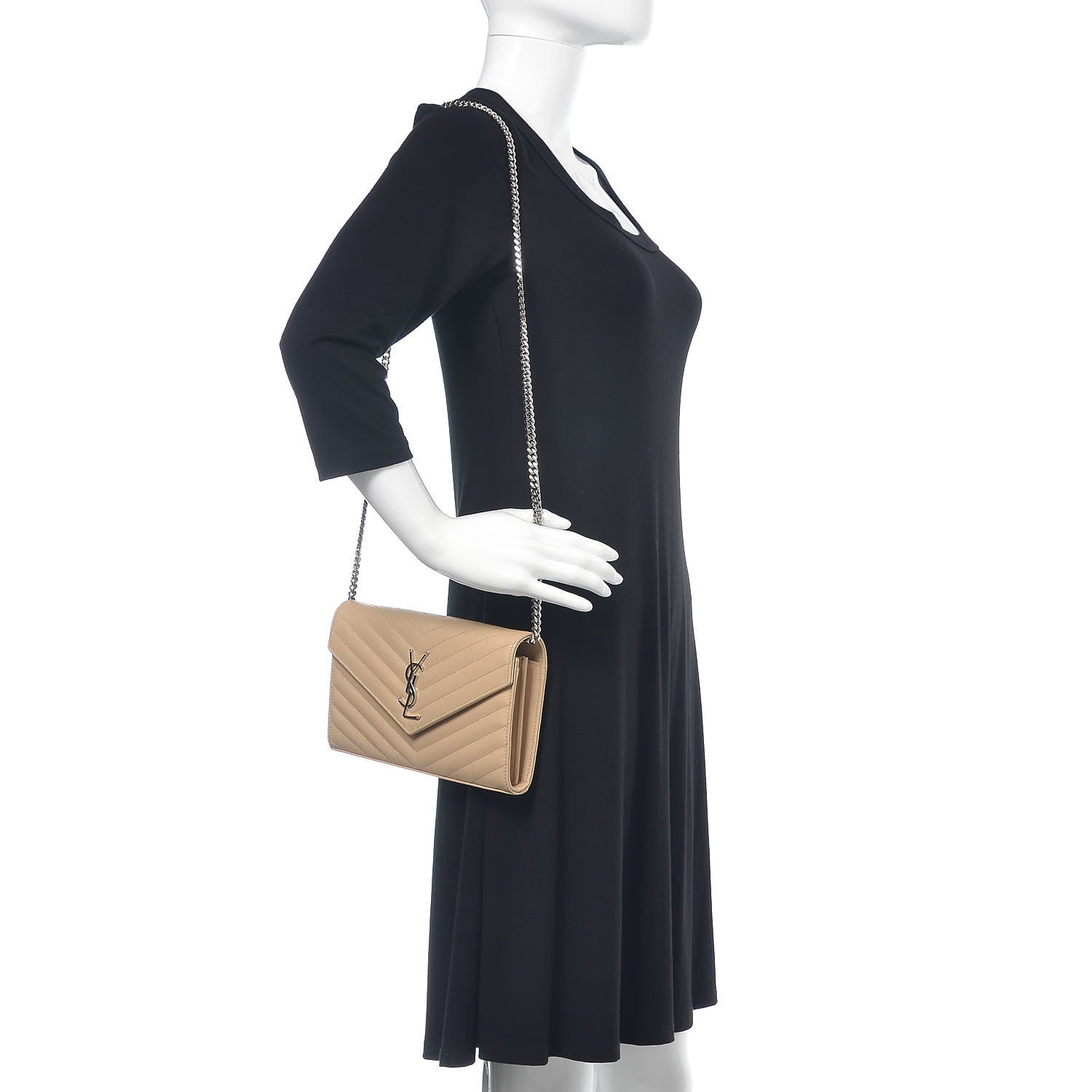 Saint Laurent Grain De Poudre Matelasse Chevron Monogram Chain Wallet Nude Powder 2 of 9