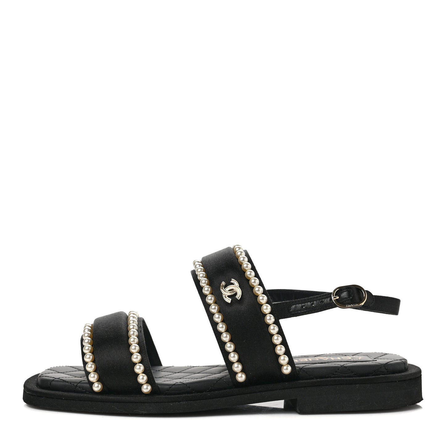 Satin Pearl Quilted Flat Sandals 37 Black