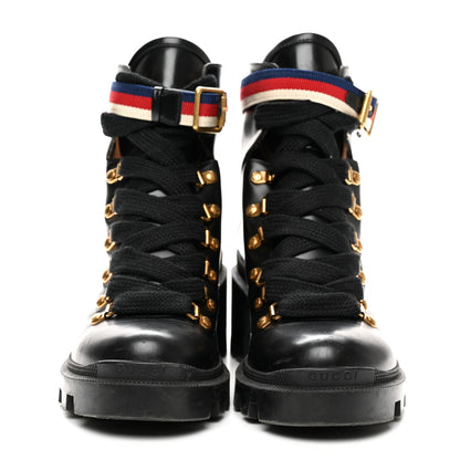 Gucci Calfskin Sylvie Web Womens Lace Up Combat Boots 37.5 Black 2 of 8