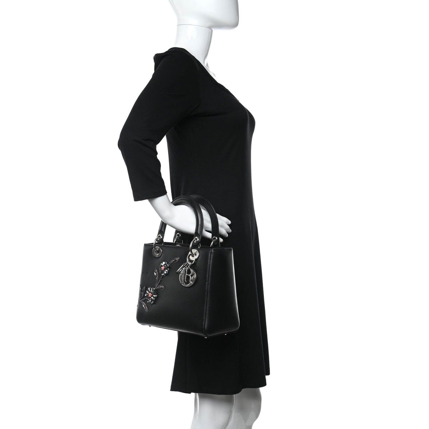 Christian Dior Smooth Calfskin Embroidered Beaded Floral Medium Lady Dior Black 2 of 10