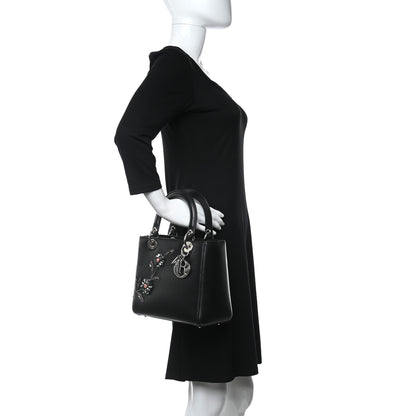Christian Dior Smooth Calfskin Embroidered Beaded Floral Medium Lady Dior Black 2 of 10