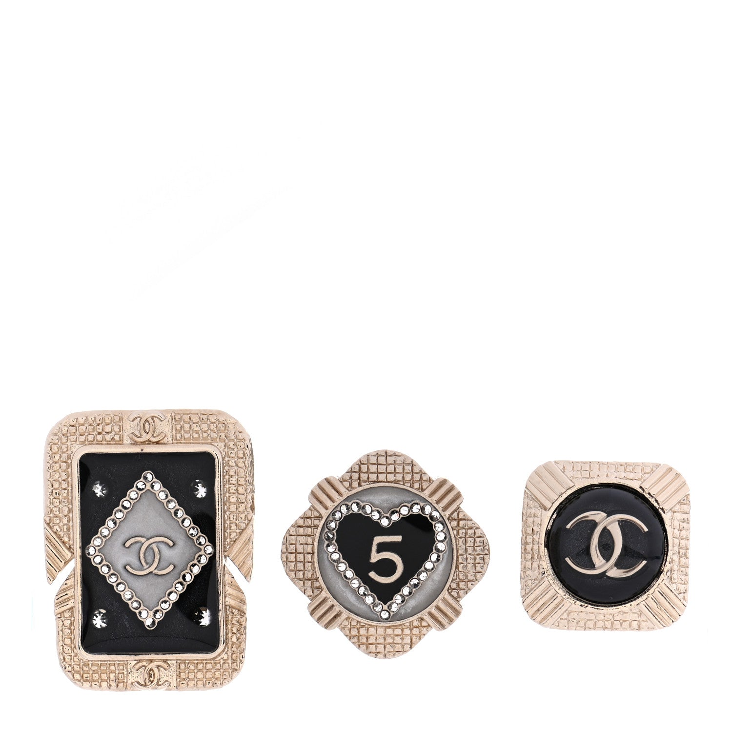 Chanel Resin Crystal Quilted CC Brooch Set Gold Black 1 of 4