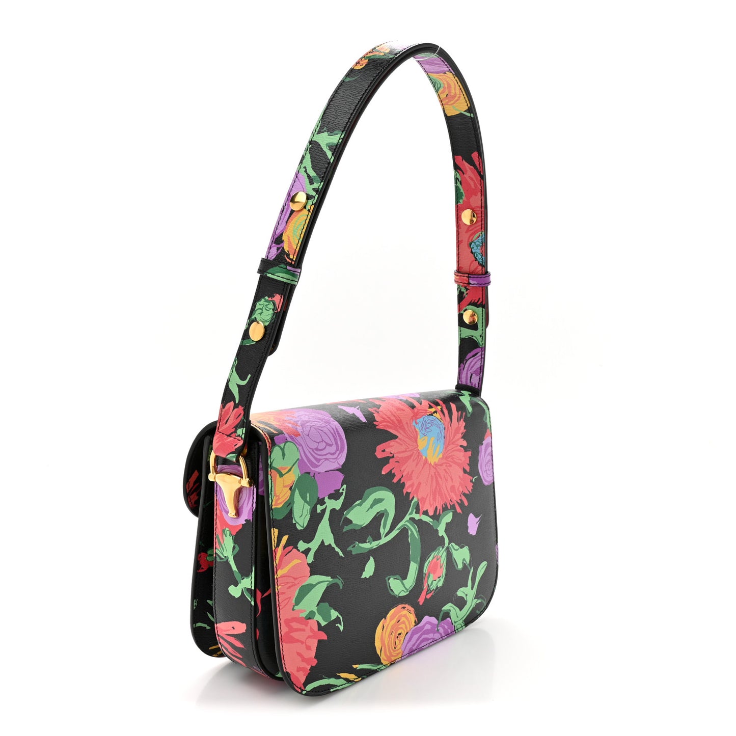 X KEN SCOTT New Shangai Calfskin Jenny Floral Print Horsebit 1955 Shoulder Bag Black Pink