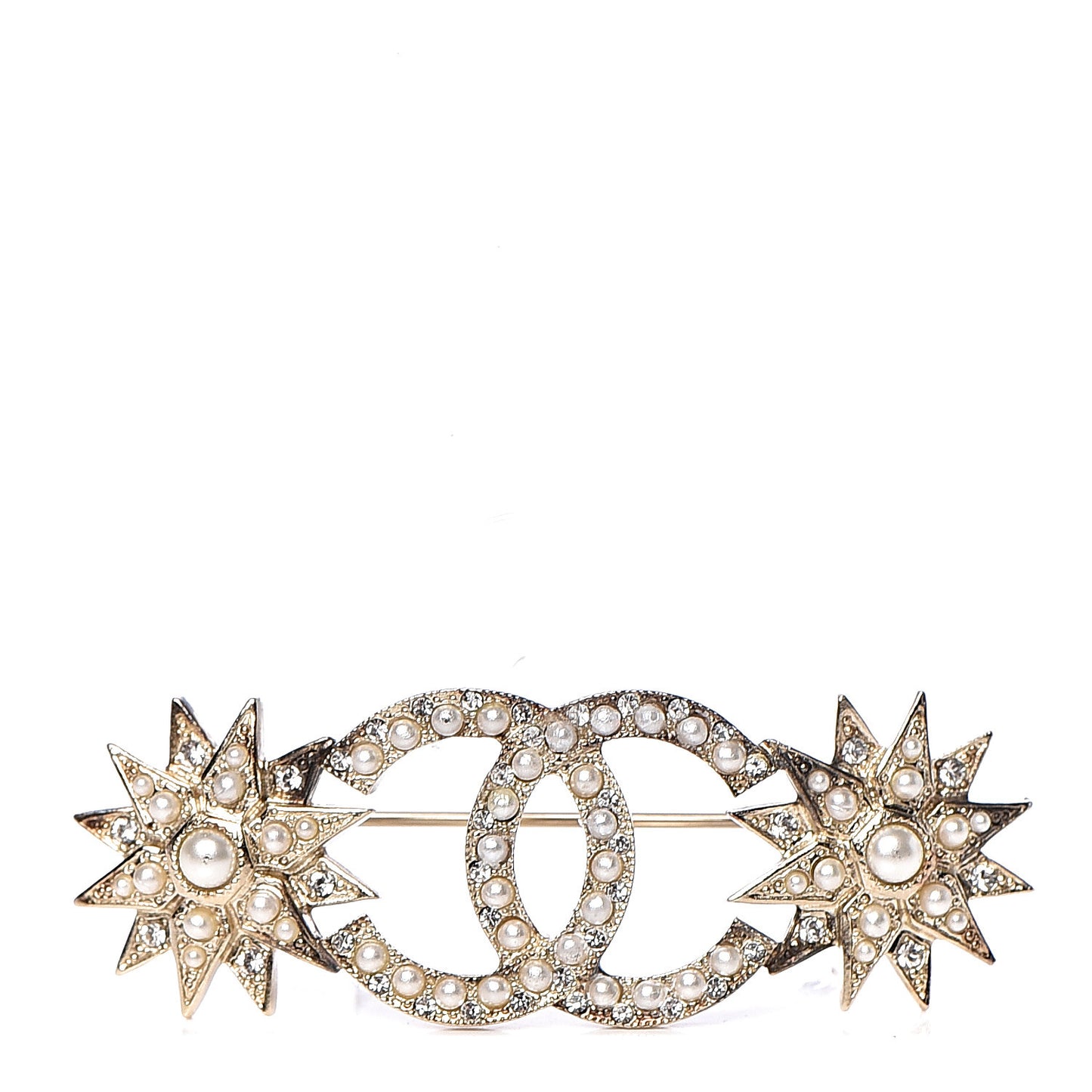 Pearl Crystal CC Star Brooch Gold