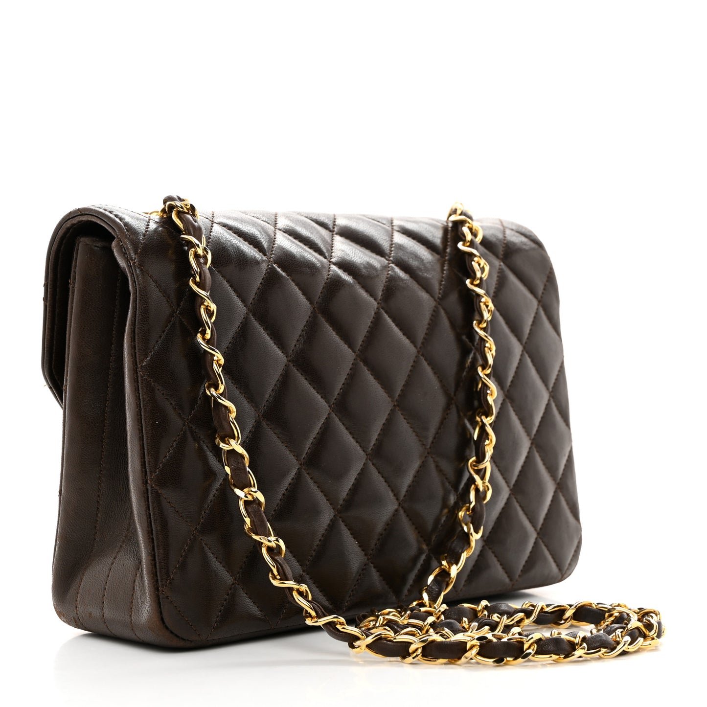Lambskin Quilted Round Flap Brown