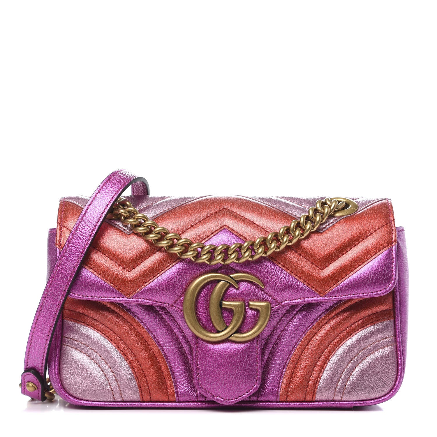 Gucci Metallic Calfskin Matelasse Mini GG Marmont Shoulder Bag Fuchsia 1 of 9