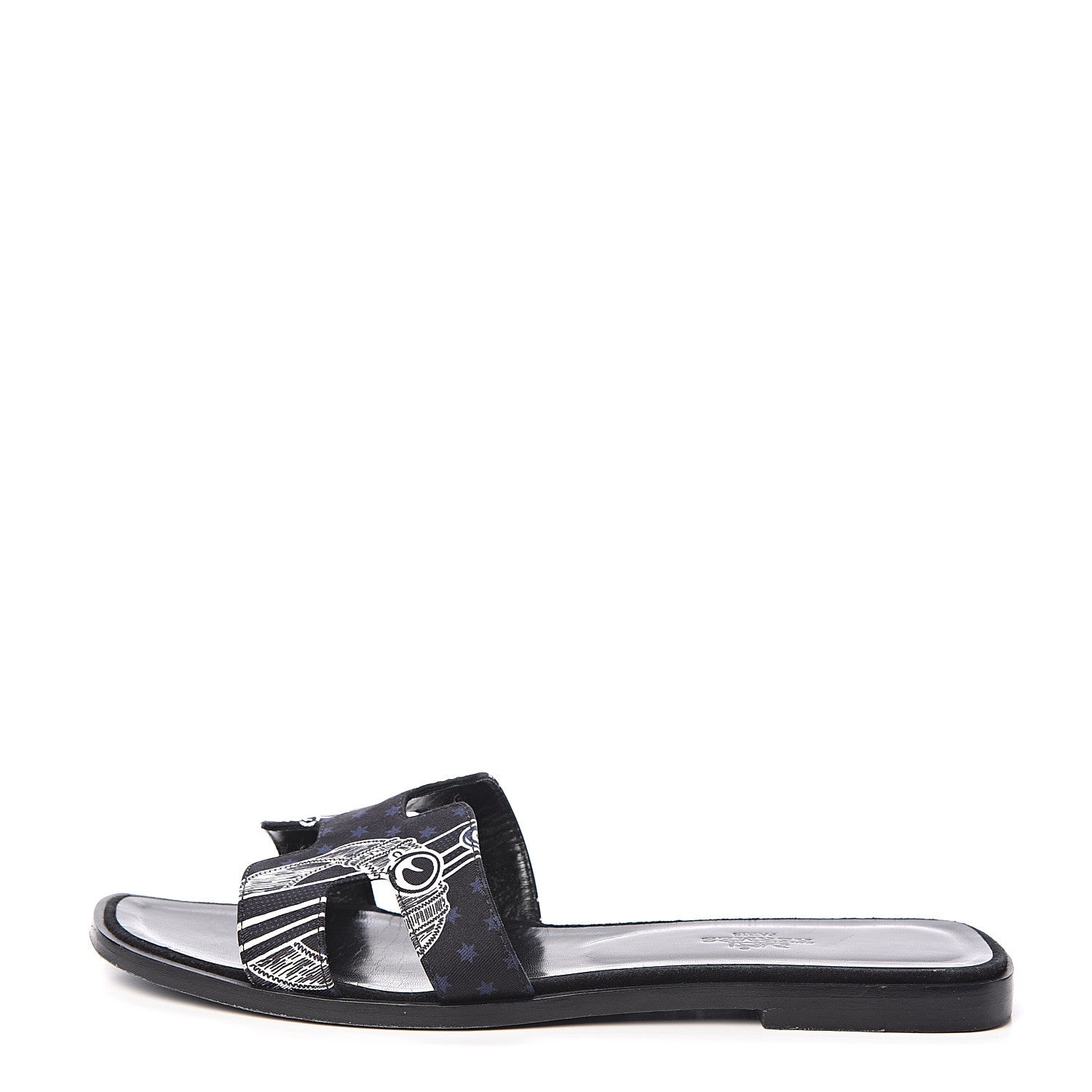 Hermes Silk Printed Eperon d'Or Oran Sandals 37.5 Black 1 of 7