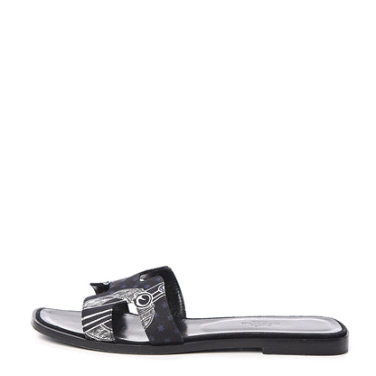 Hermes Silk Printed Eperon d'Or Oran Sandals 37.5 Black 1 of 7
