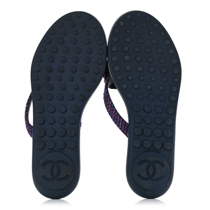 Chanel Tweed Quilted Camellia Thong Sandals 39 Purple Blue Black 5 of 10