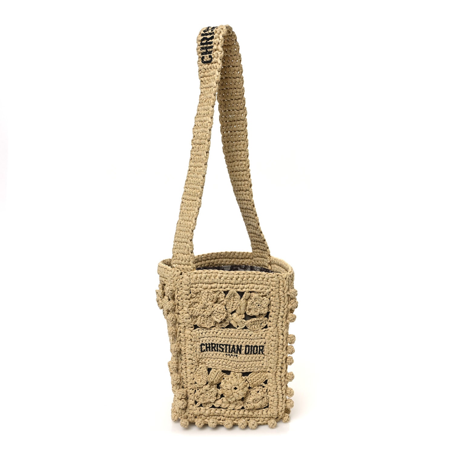 Christian Dior Woven Raffia Floral Embellished D-Bubble Bucket Bag Natural 1 of 9