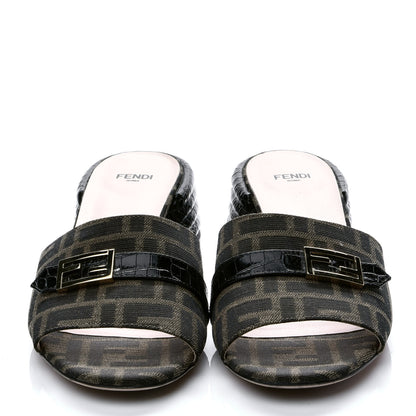 Fendi Jacquard Calfskin FF Crocodile Embossed Promenade Slide Sandals 39.5 Tobacco Moro Black 2 of 9