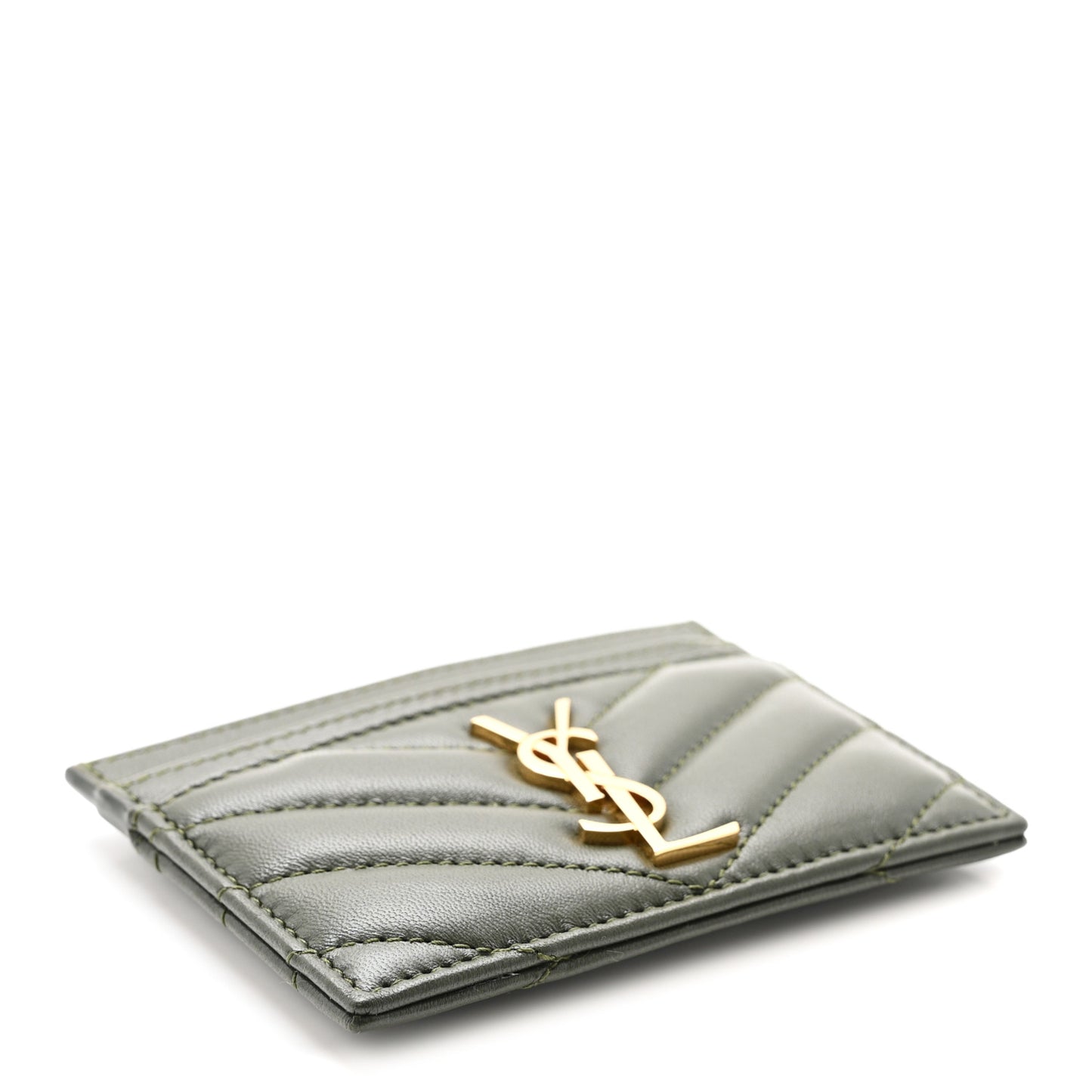 Lambskin Matelasse Chevron Monogram Credit Card Case Olive Wood
