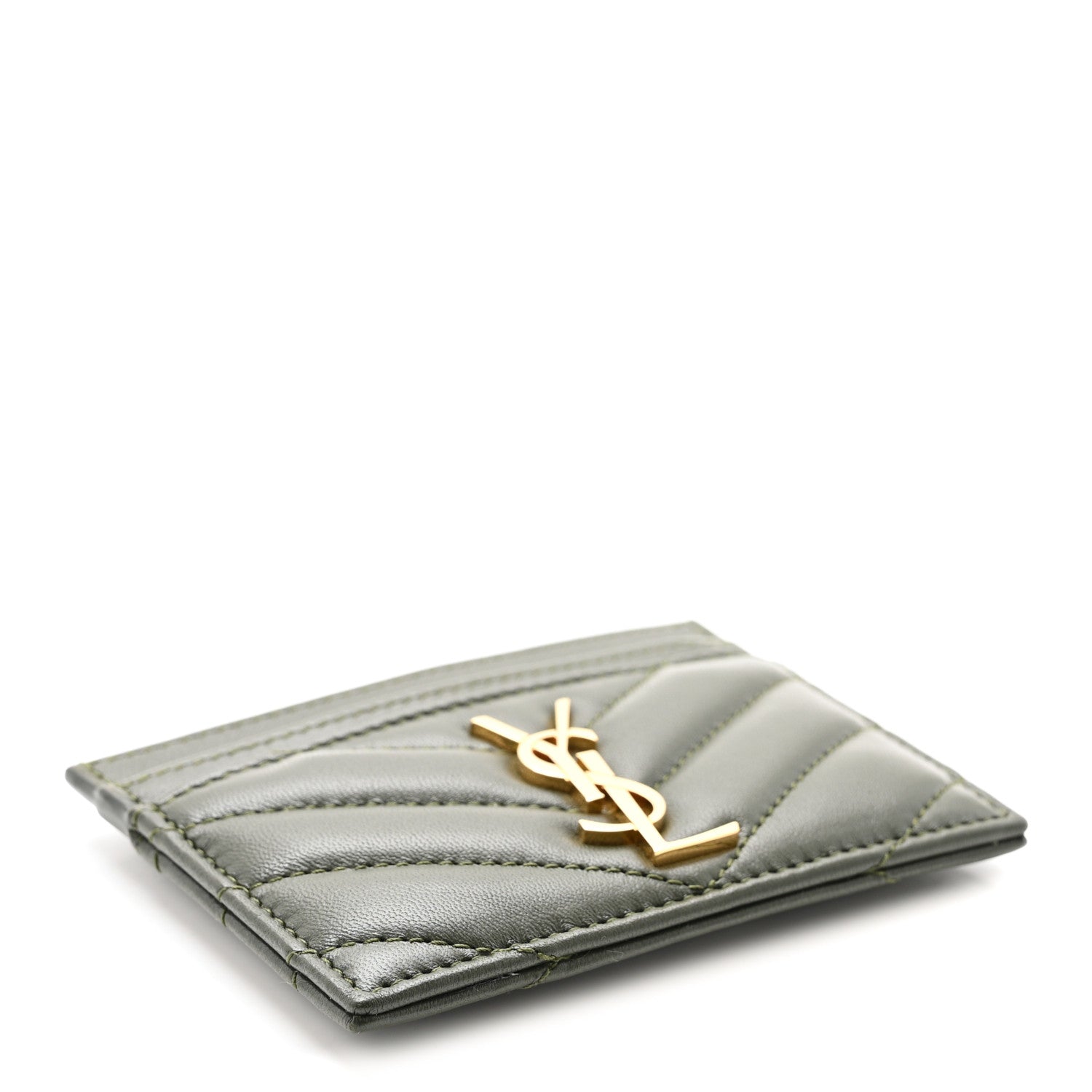 Saint Laurent Lambskin Matelasse Chevron Monogram Credit Card Case Olive Wood 4 of 6