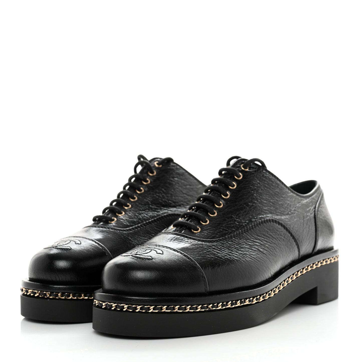 Shiny Crumpled Lambskin CC Lace Up Oxfords 36.5 Black