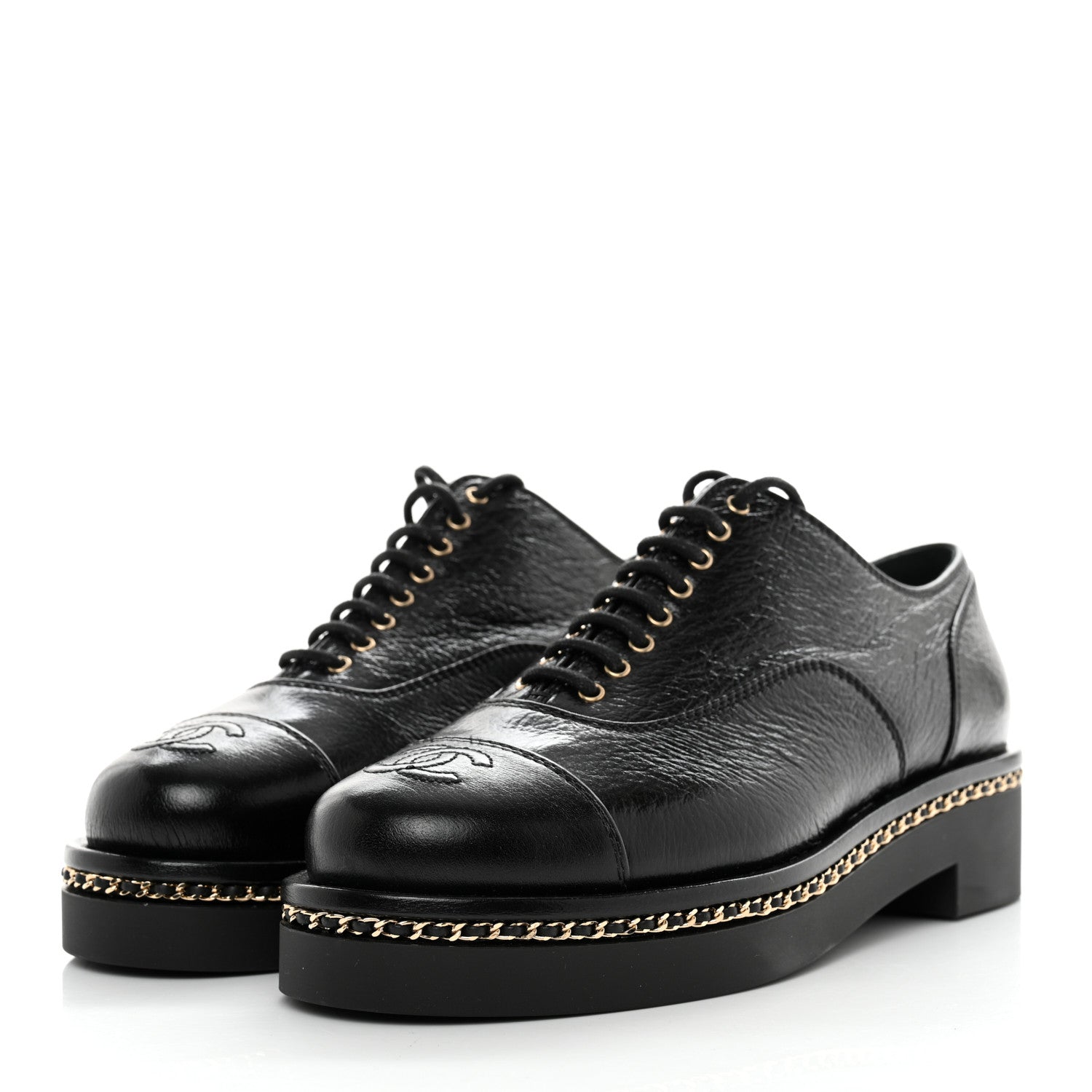 Chanel Shiny Crumpled Lambskin CC Lace Up Oxfords 36.5 Black 3 of 8