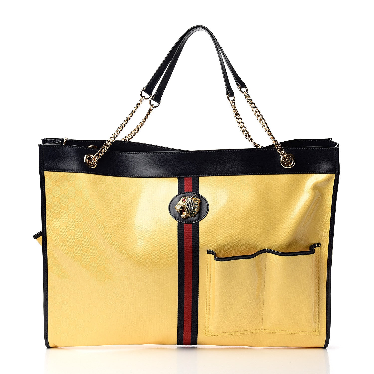 Gucci Crystal Monogram Maxi Rajah Chain Tote Straw Yellow Blue 2 of 10