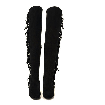 Saint Laurent Suede Goatskin BB 20 Over The Knee Fringed Boots 35 Black 2 of 7
