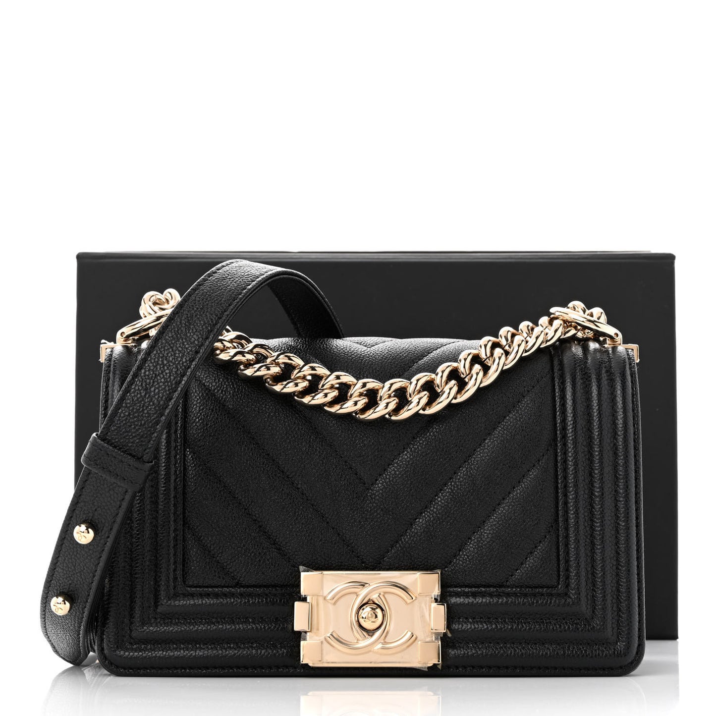 Caviar Chevron Quilted Small Boy Flap Black