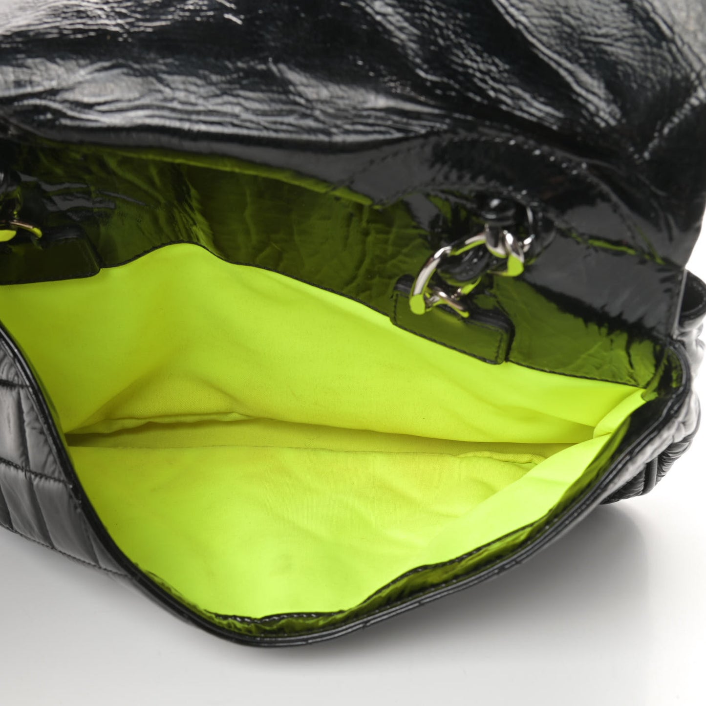 Patent Quilted Day Glo Flap Bag Black