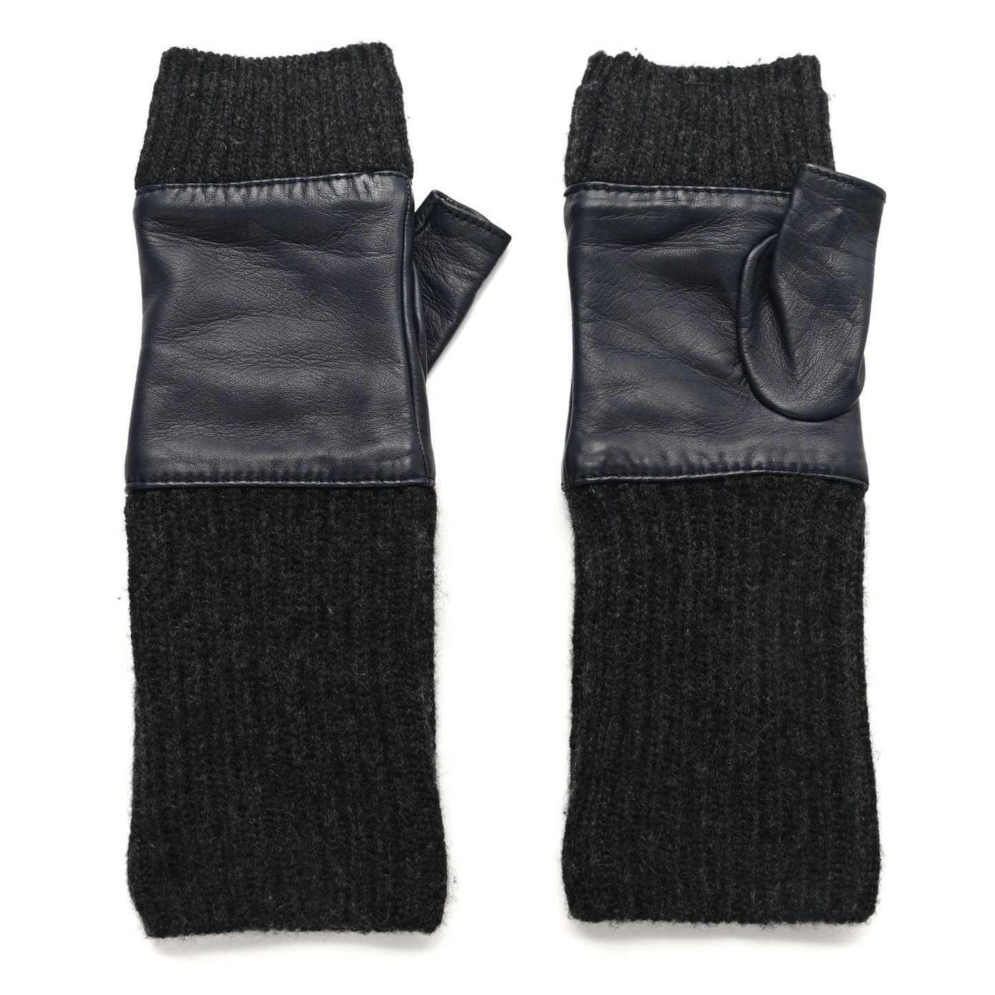 Wool Lambskin Fingerless Gloves 7.5 Navy Dark Grey