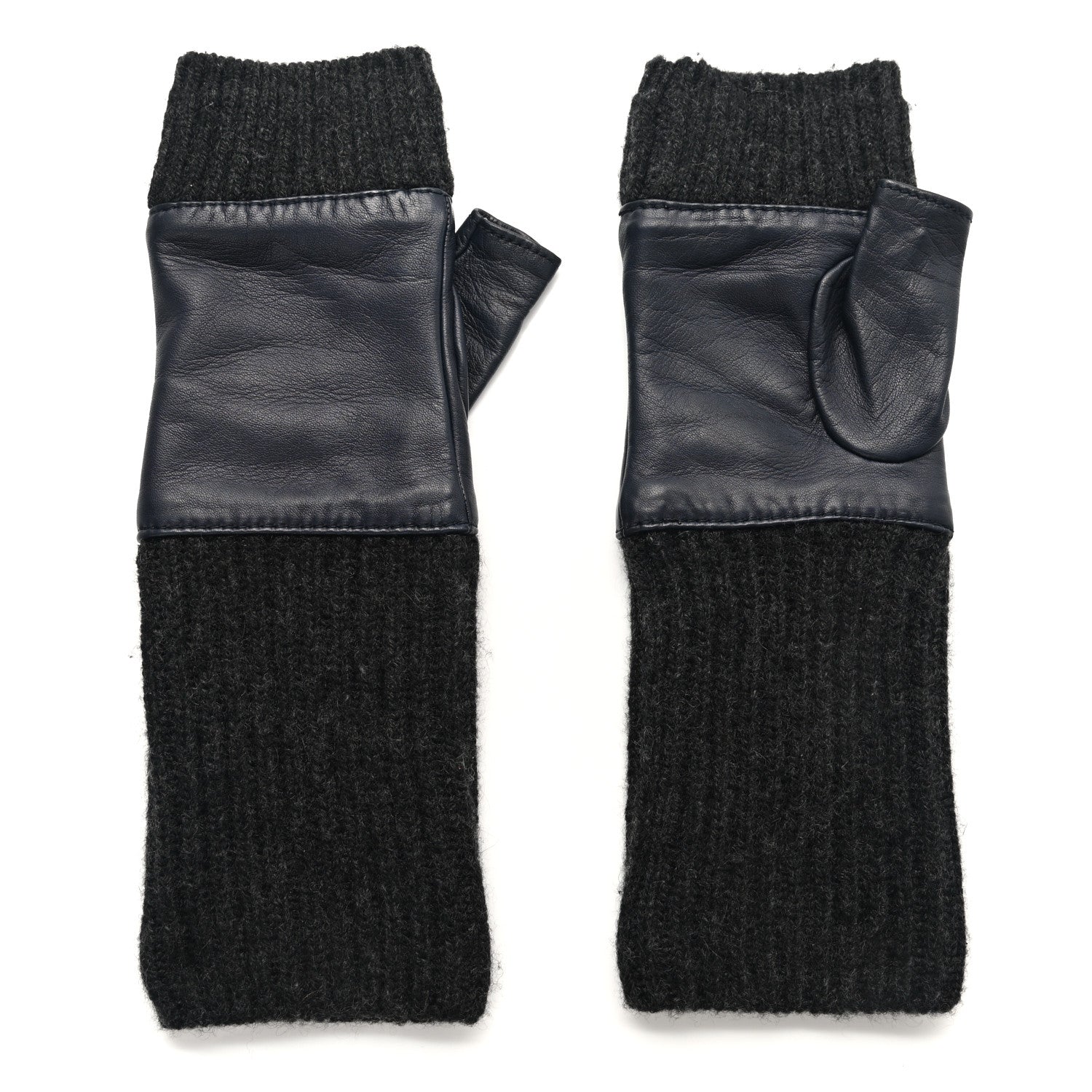 Chanel Wool Lambskin Fingerless Gloves 7.5 Navy Dark Grey 1 of 4