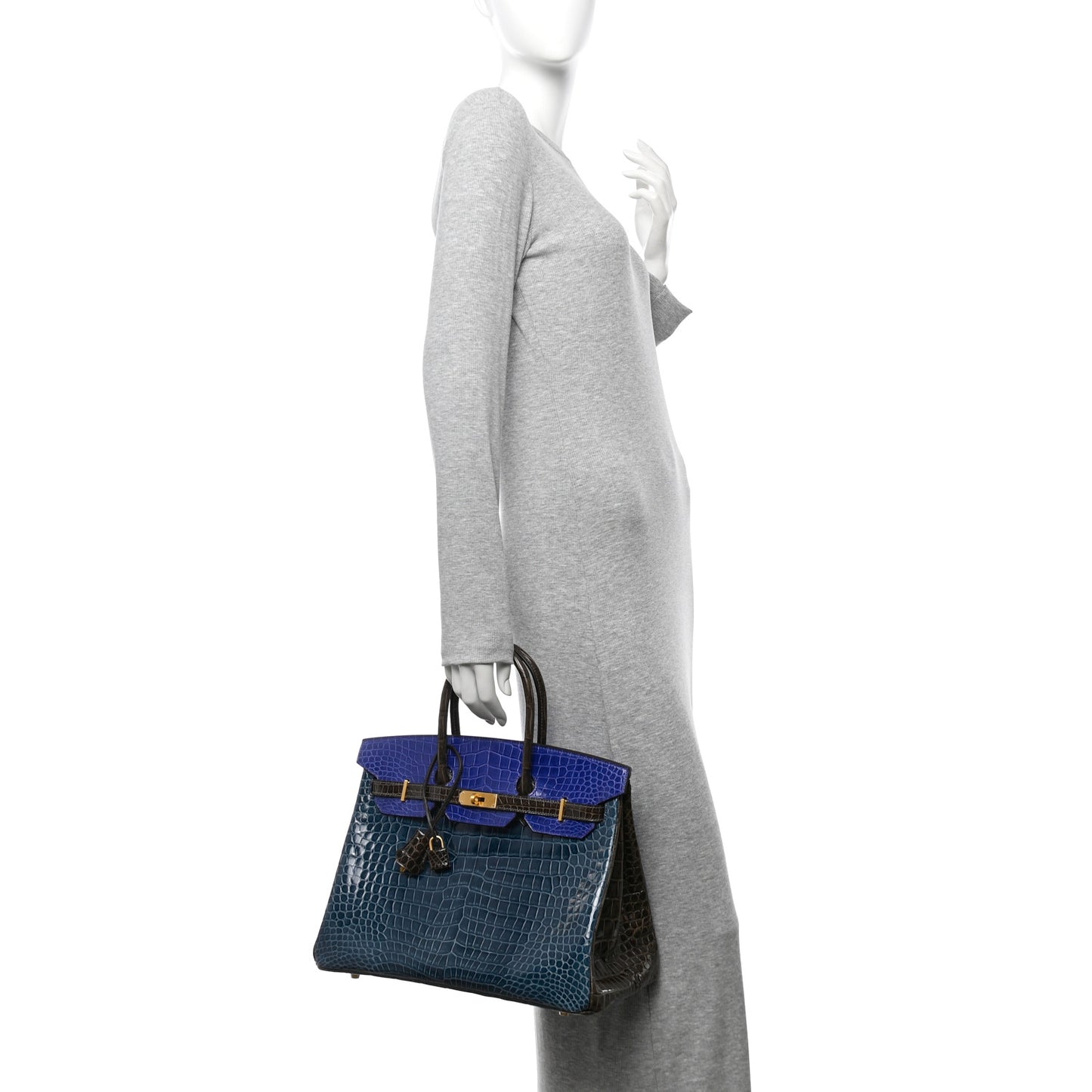 Shiny Porosus Crocodile Horseshoe Birkin 35 Havane Bleu Electrique Bleu Roi