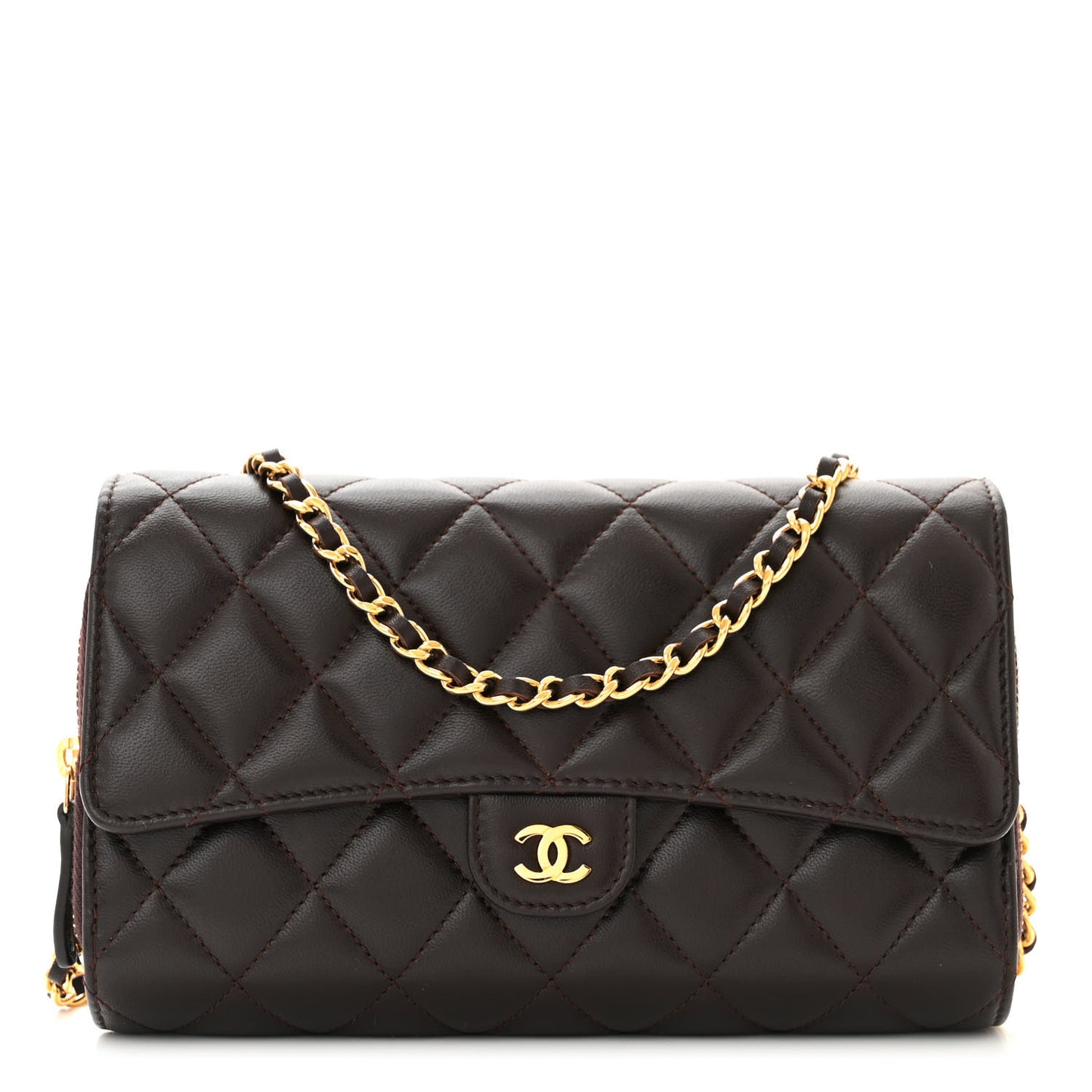 Lambskin Quilted Phone Holder Wallet on Removable Chain Brown