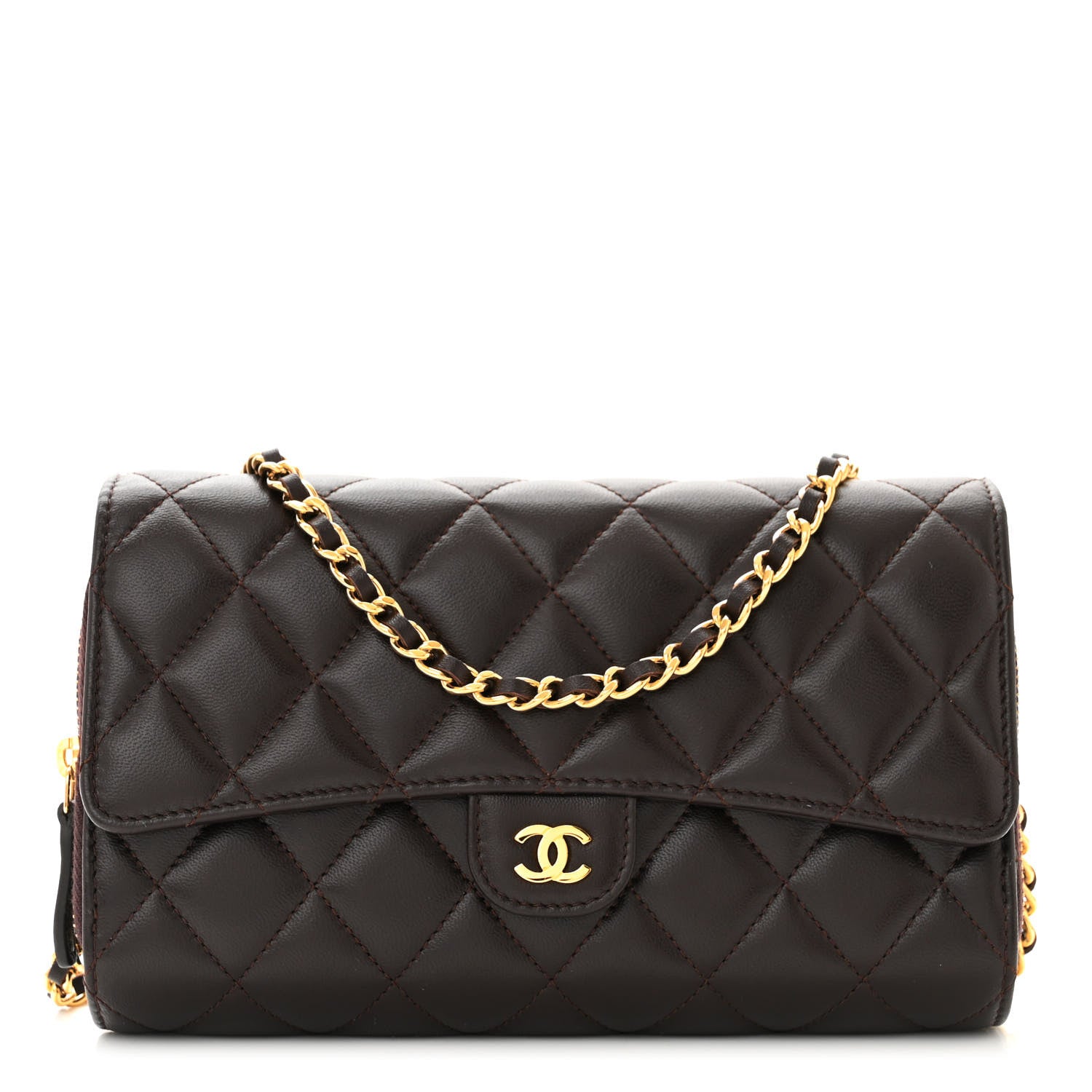 Chanel Lambskin Quilted Phone Holder Wallet on Removable Chain Brown 1 of 15