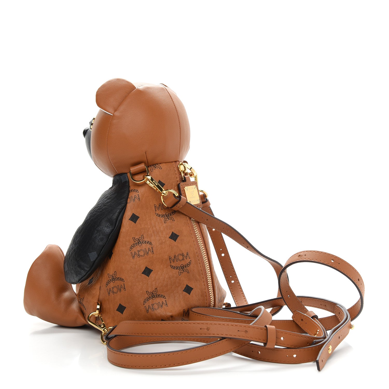 MCM Calfskin Visetos Bear Zoo Doll Backpack Cognac Black 3 of 9