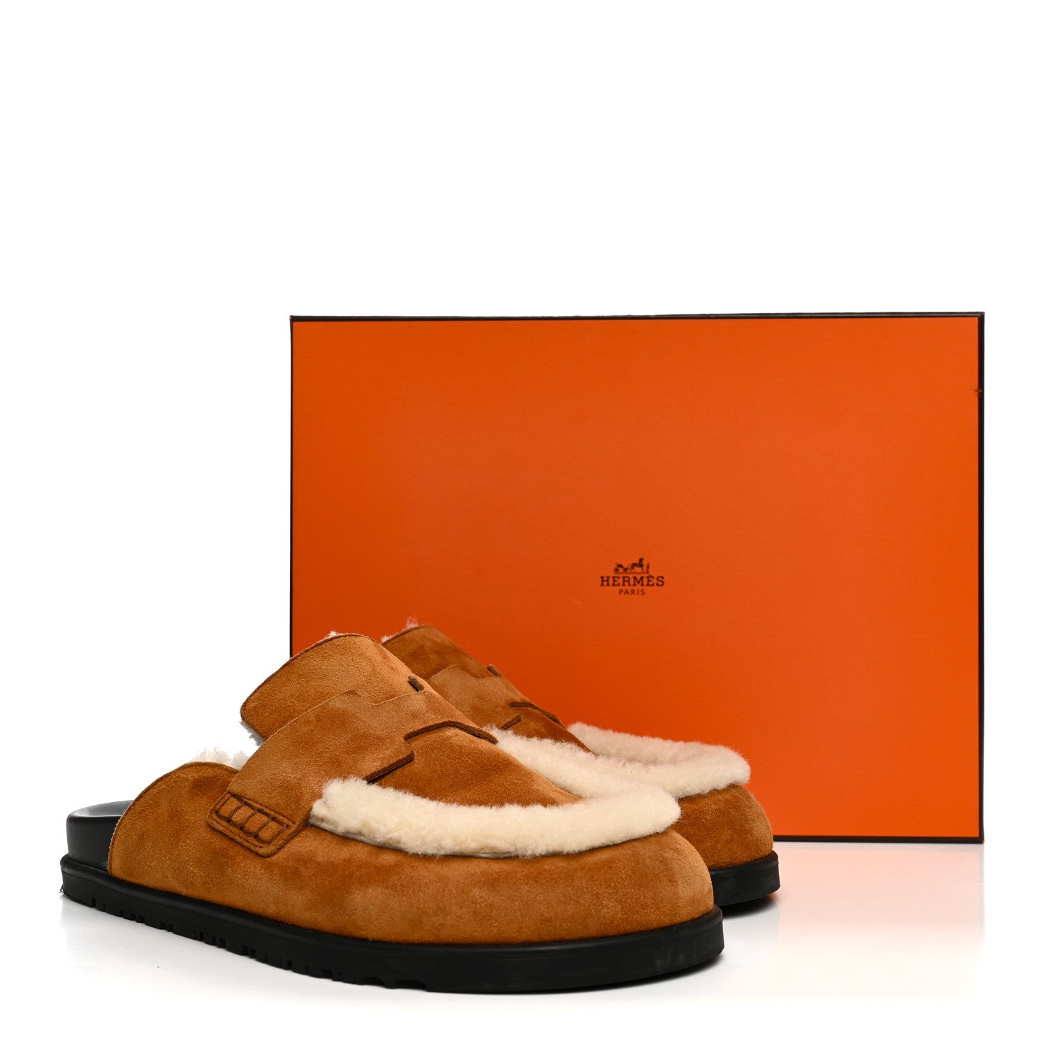 Hermes Suede Goatskin Shearling Go Mules 39 Beige Kraft Ecru 10 of 10
