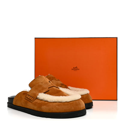Hermes Suede Goatskin Shearling Go Mules 39 Beige Kraft Ecru 10 of 10