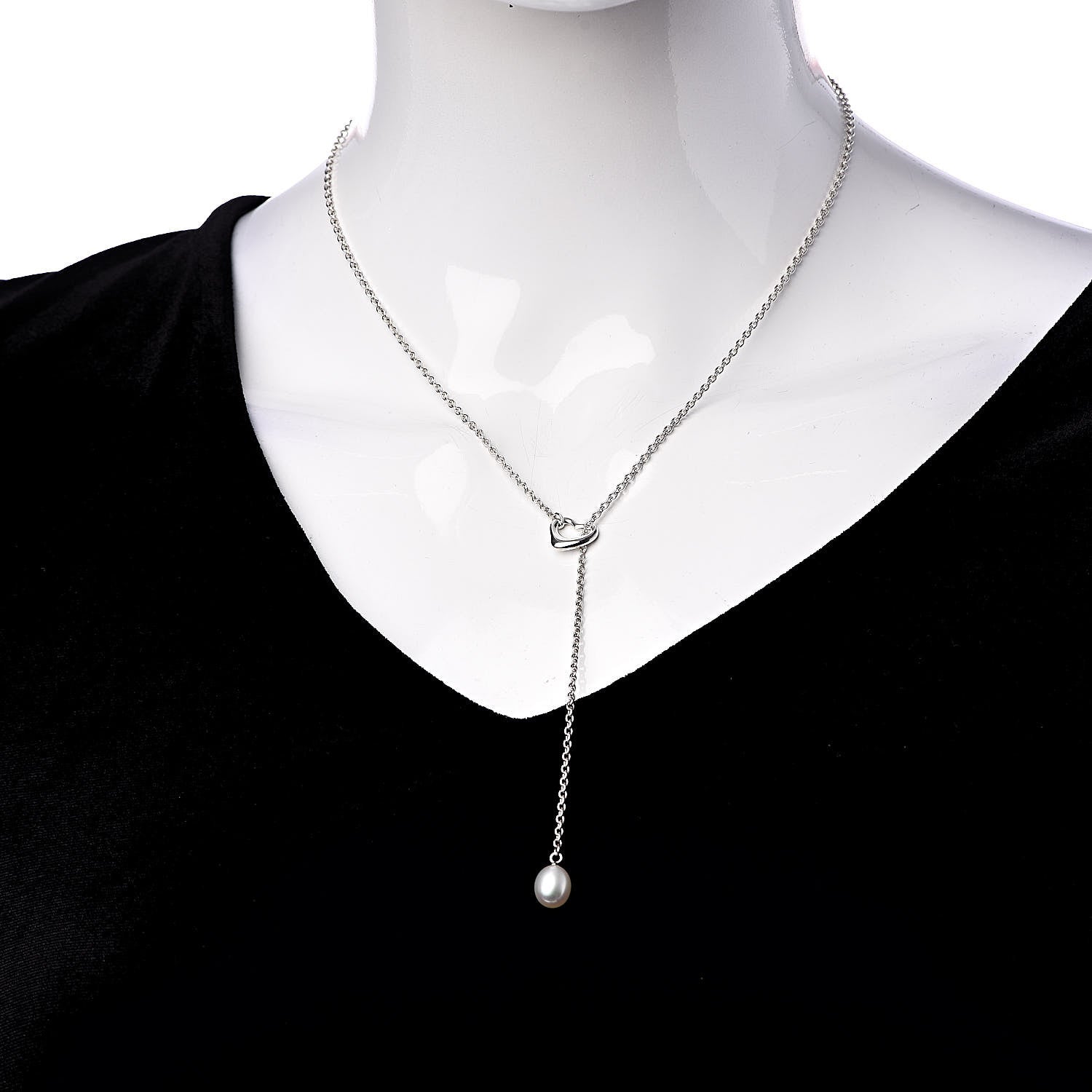Tiffany Sterling Silver Pearl 9-9.5mm Elsa Peretti Open Heart Lariat Necklace 2 of 5