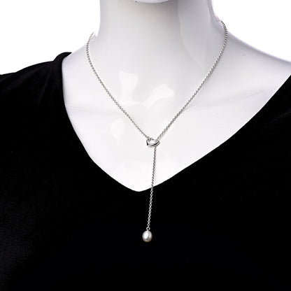 Tiffany Sterling Silver Pearl 9-9.5mm Elsa Peretti Open Heart Lariat Necklace 2 of 5