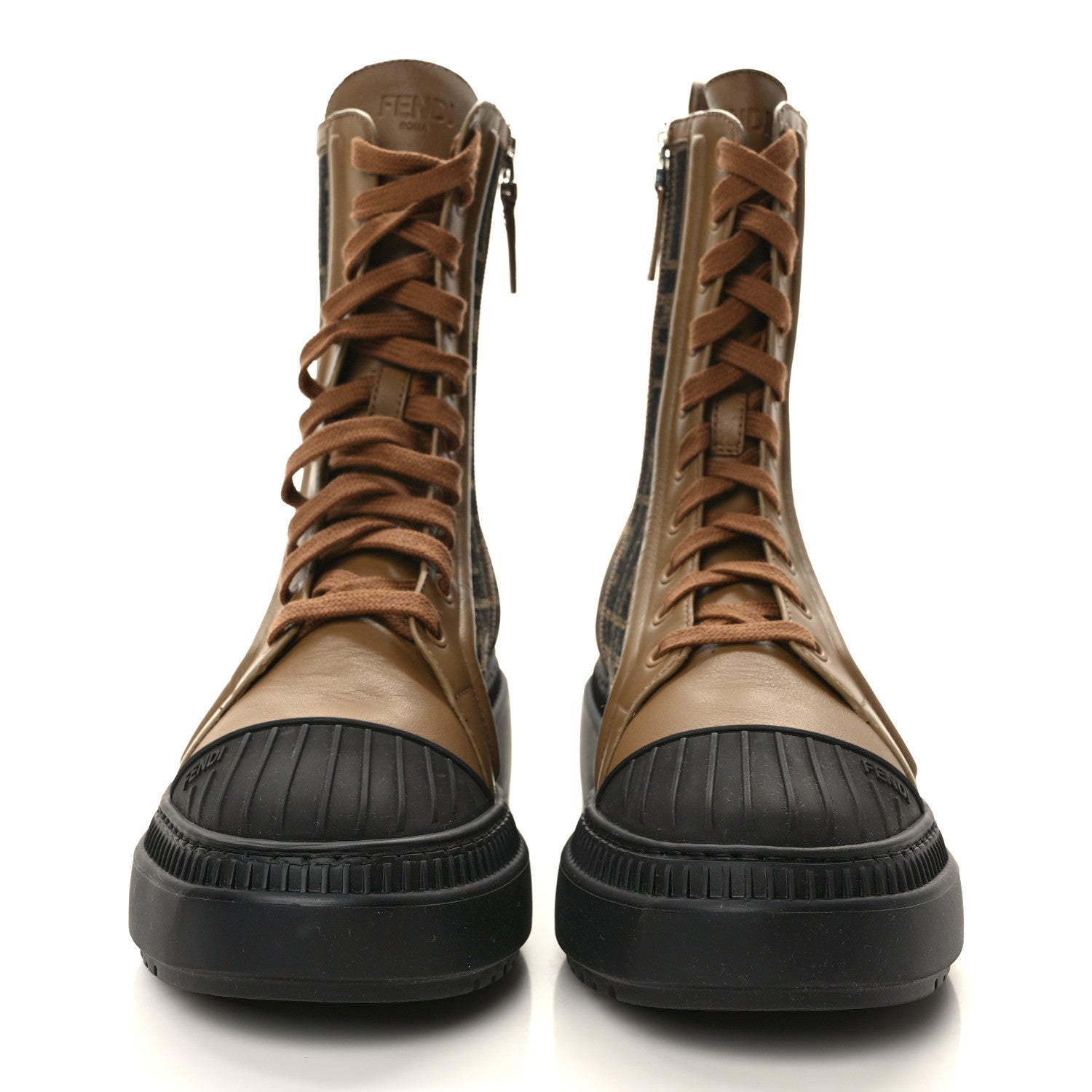 Fendi Fabric Jacquard Vitello FF Domino 50mm Biker Boots 38 Tobacco Black Sand 2 of 9