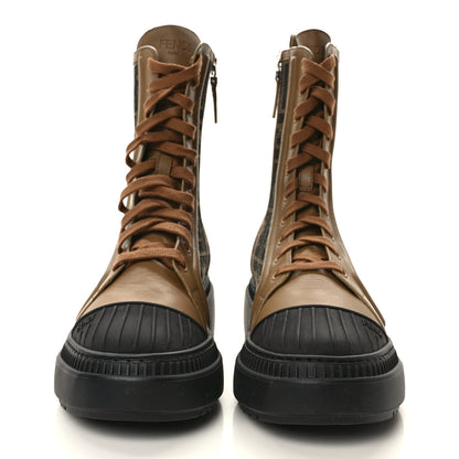 Fendi Fabric Jacquard Vitello FF Domino 50mm Biker Boots 38 Tobacco Black Sand 2 of 9