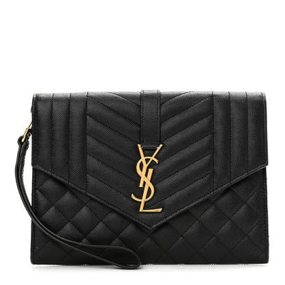 Saint Laurent Grain De Poudre Textured Mixed Matelasse Triquilt Monogram Clutch Black 1 of 10