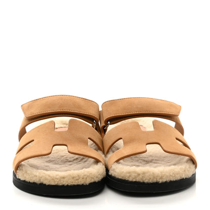 Hermes Suede Goatskin Woolskin Womens Chypre Sandals 37 Golden Beige 2 of 9