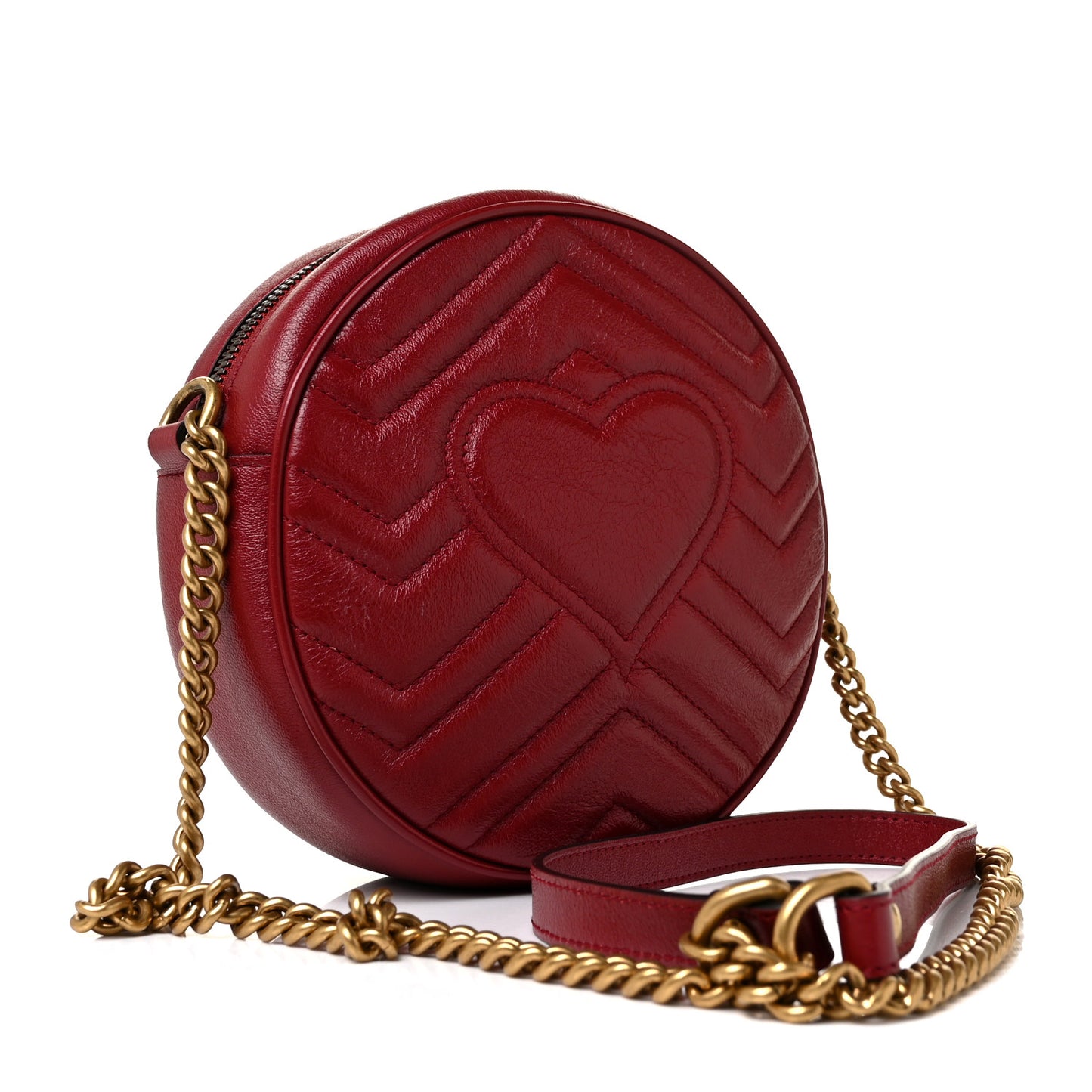 Glazed Calfskin Matelasse Heart Mini GG Marmont Round Shoulder Bag Romantic Cerise