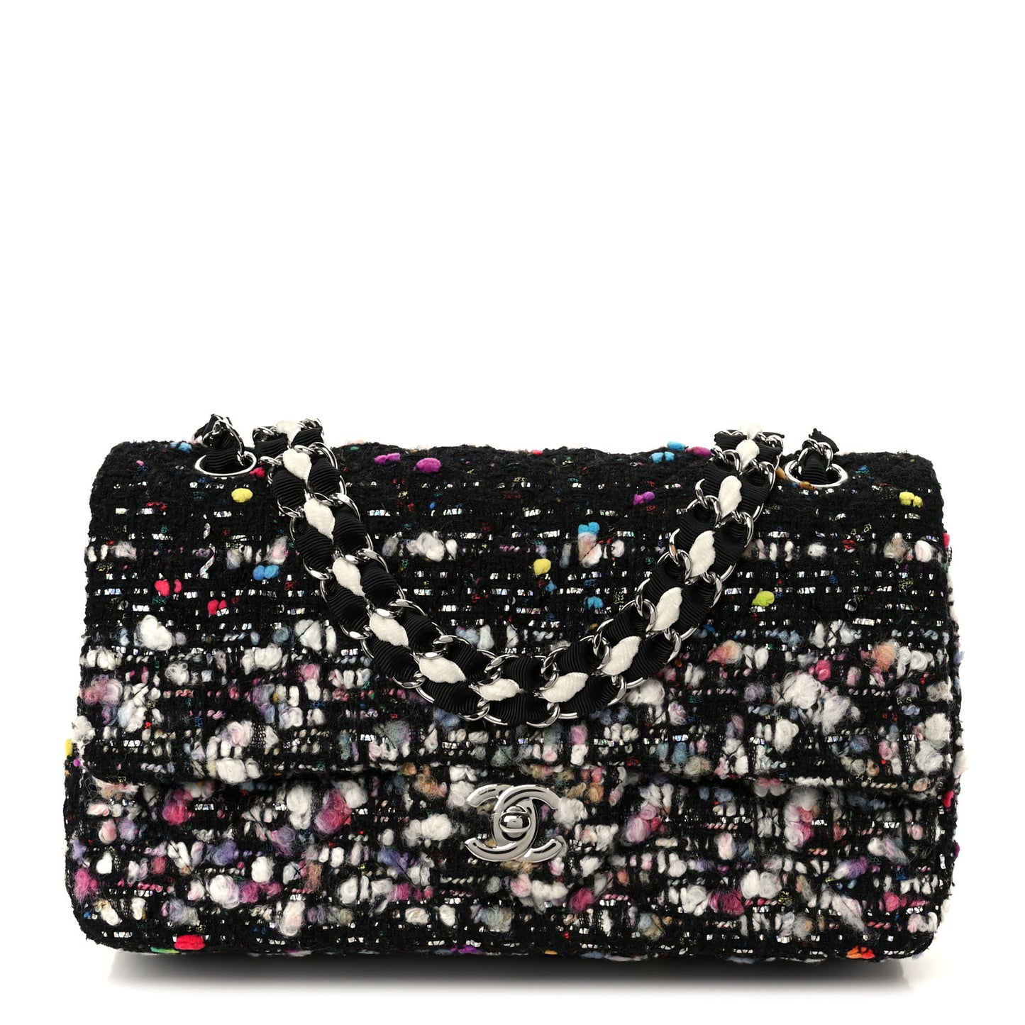 Tweed Quilted Medium Double Flap Black White Yellow Pink