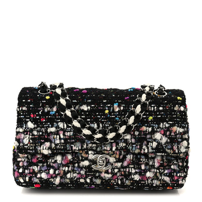 Chanel Tweed Quilted Medium Double Flap Black White Yellow Pink 1 of 11