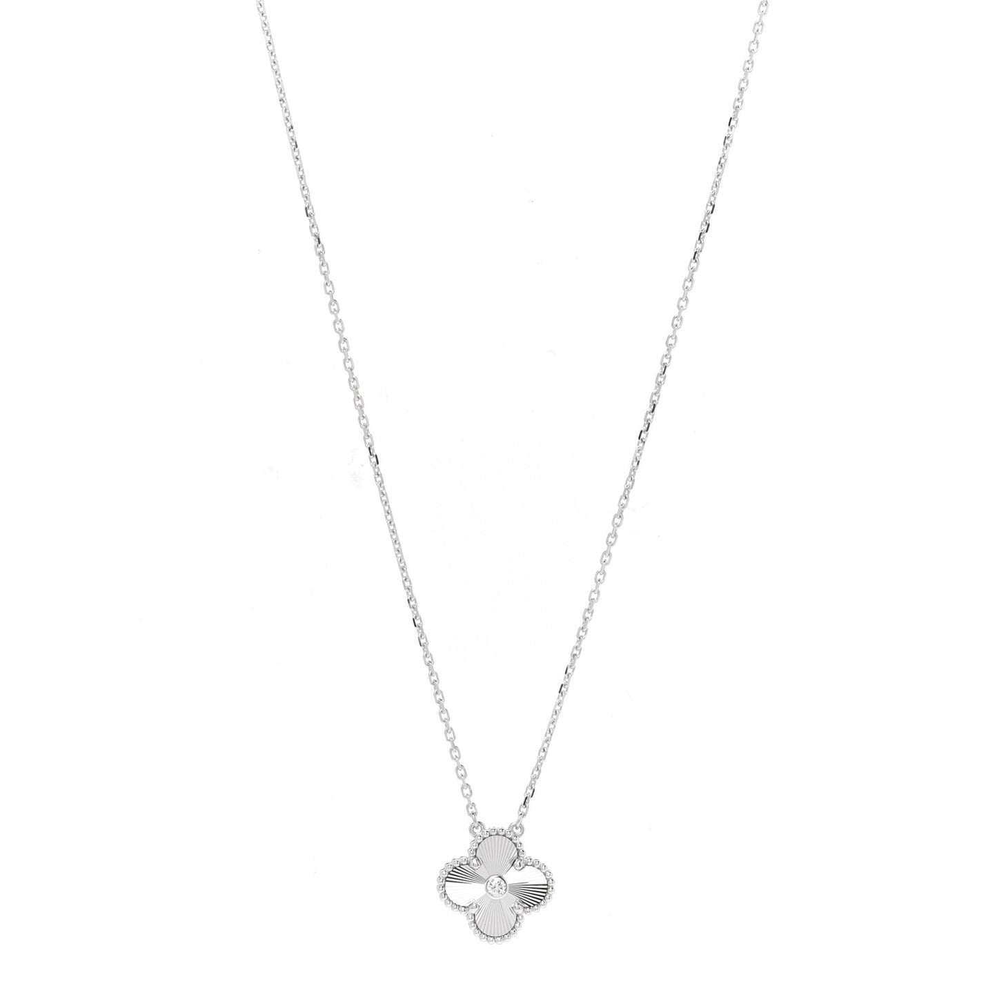 18K White Gold Diamond Guilloche Vintage Alhambra Pendant Necklace